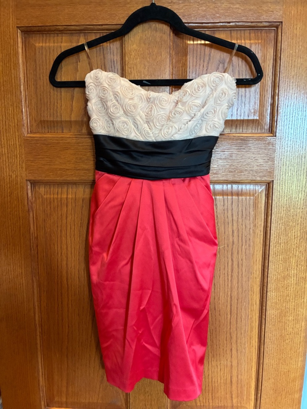 Strapless Coral and Cream Cocktail Dress with Black Waistband